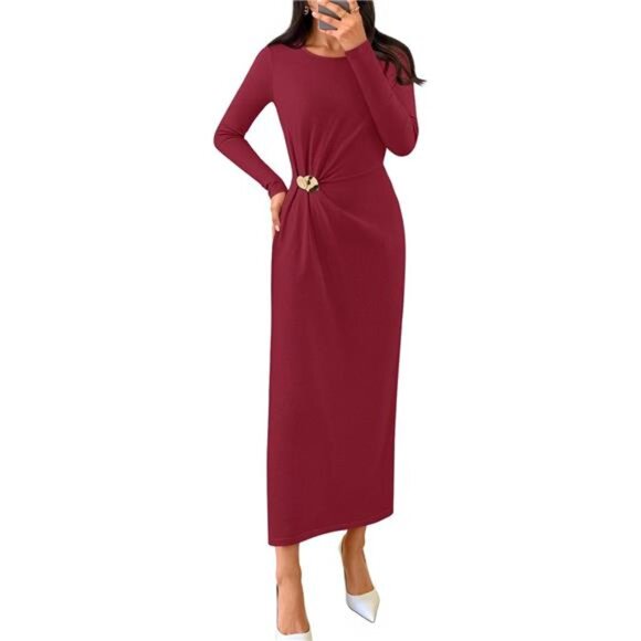 Women's Long Sleeve Bodycon Dress Elegant Wine Red - Picture 1 of 6